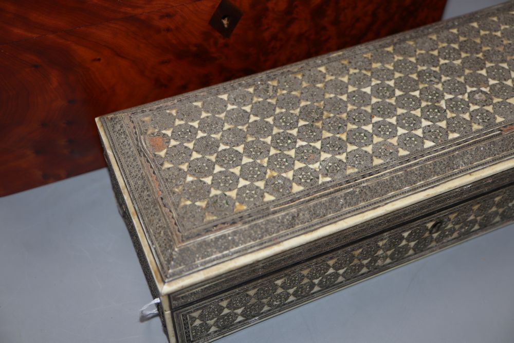 An amboyna jewellery box, 30 x 18 x 14cm, a pen stand and a Damascus box